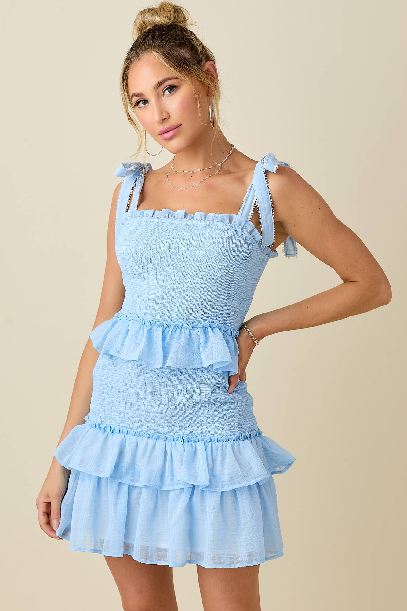 Jacquard smocked ruffled  mini dress