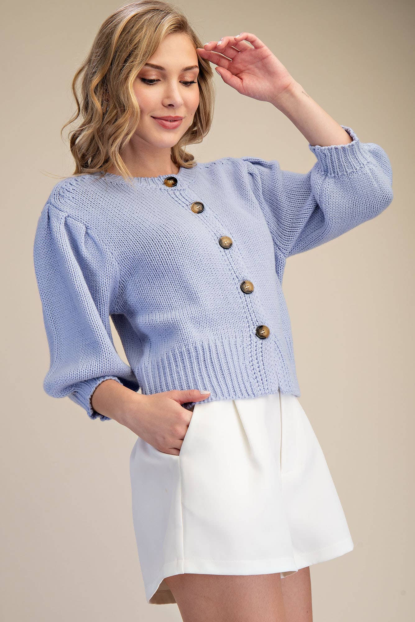Short Puff Sleeve Button Down Sweater