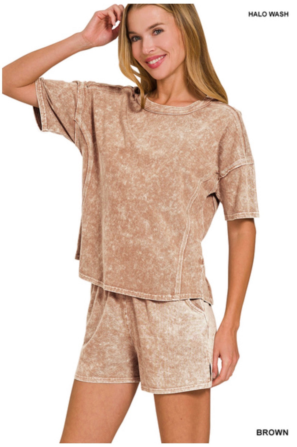 Halo Snow Washed Short Sleeve Tee & shorts set-Brown
