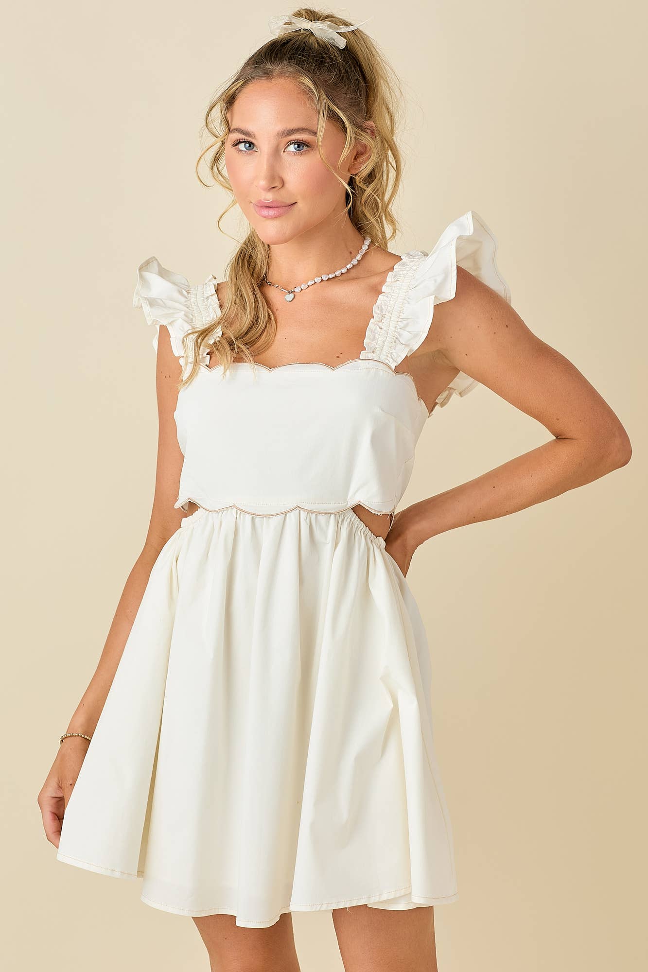Scallop mini dress ruffled shoulder