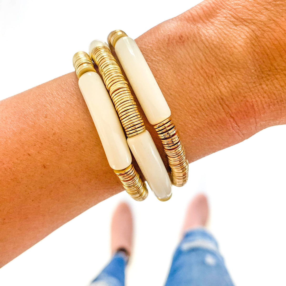 Ivory/Gold Acrylic Bamboo Bracelet