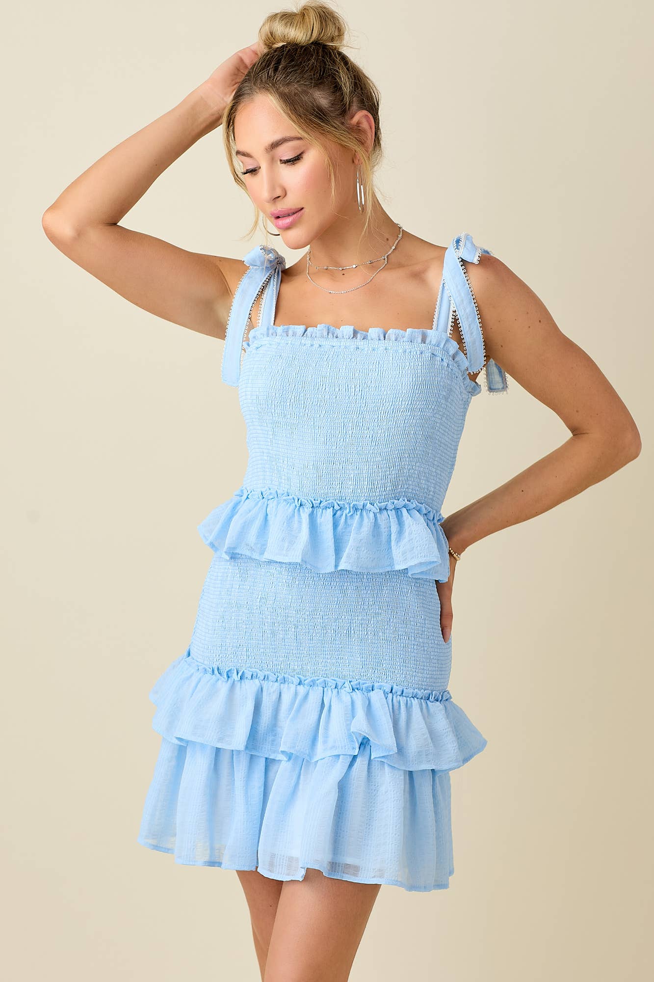 Jacquard smocked ruffled  mini dress