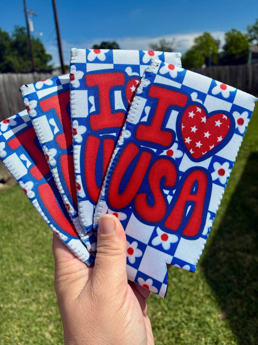 I heart USA patriotic koozies