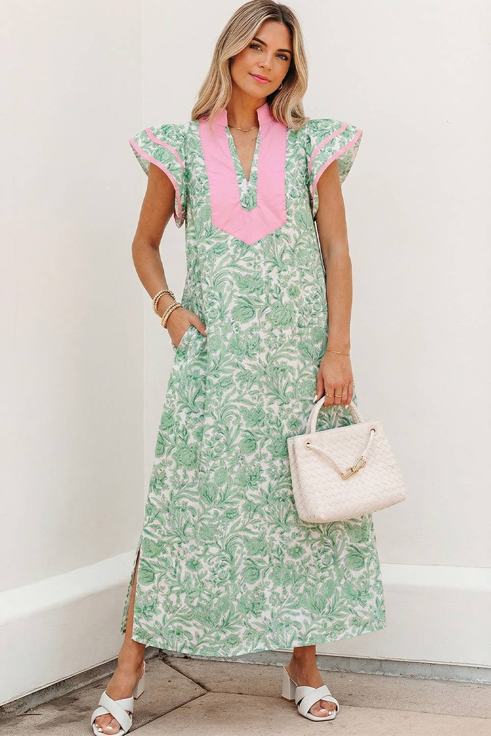 Pink V Neck Short Sleeve Midi Dress