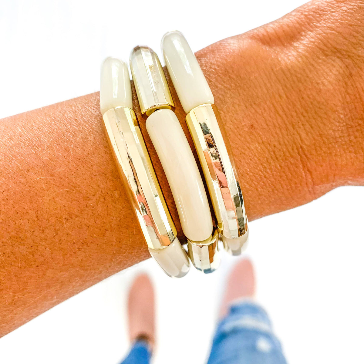 Ivory/Gold Acrylic Bamboo Bracelet