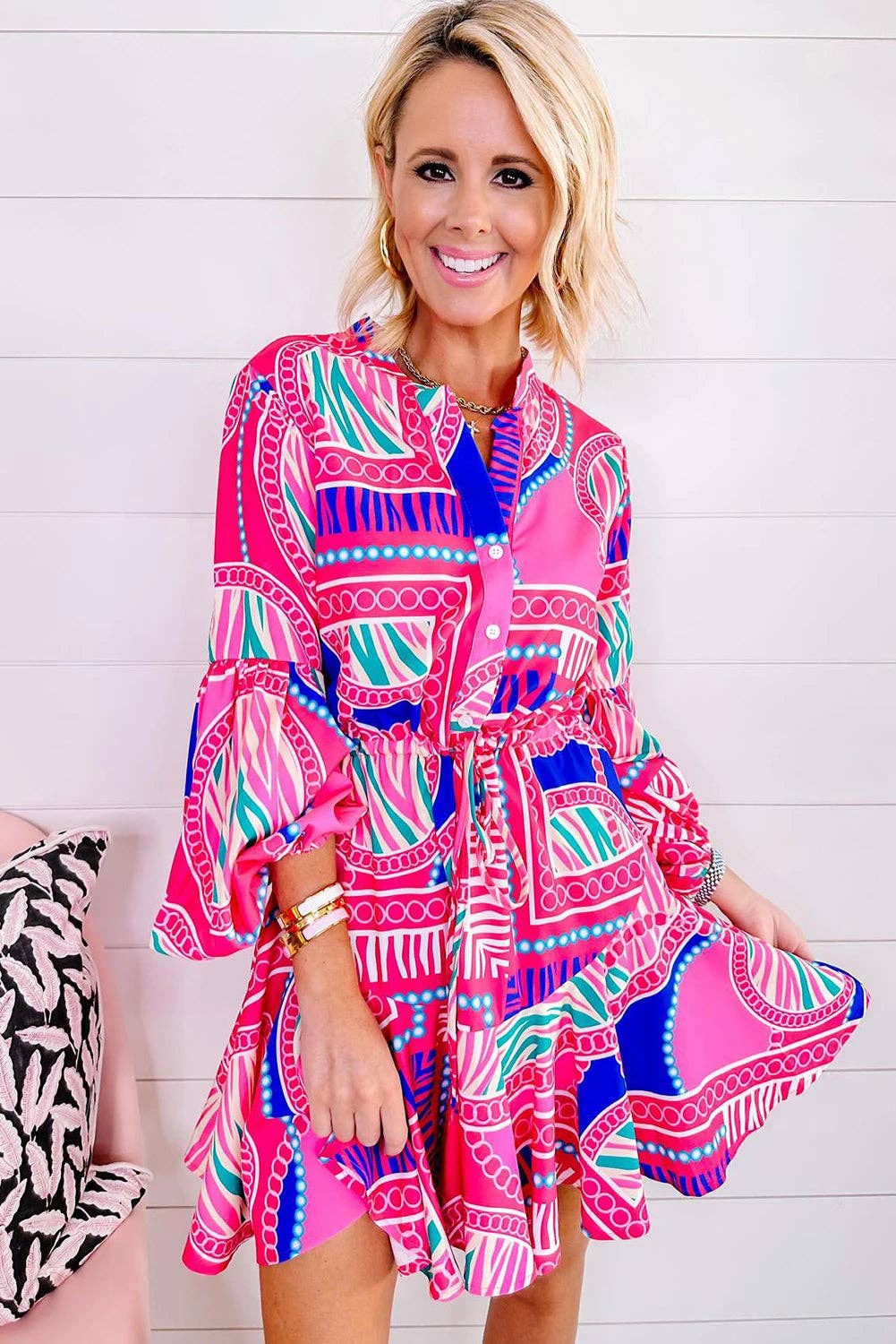 Rose Boho Abstract Puff Ruffled Mini Dress