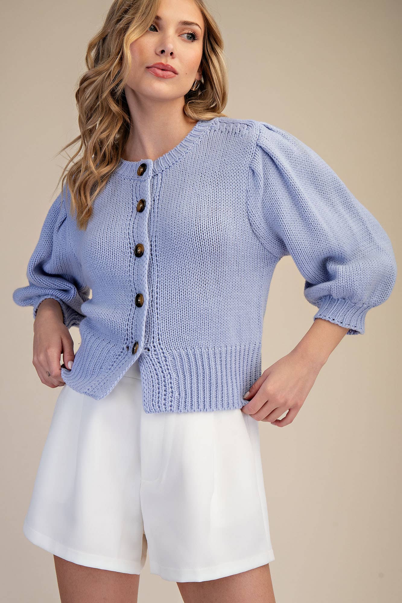 Short Puff Sleeve Button Down Sweater