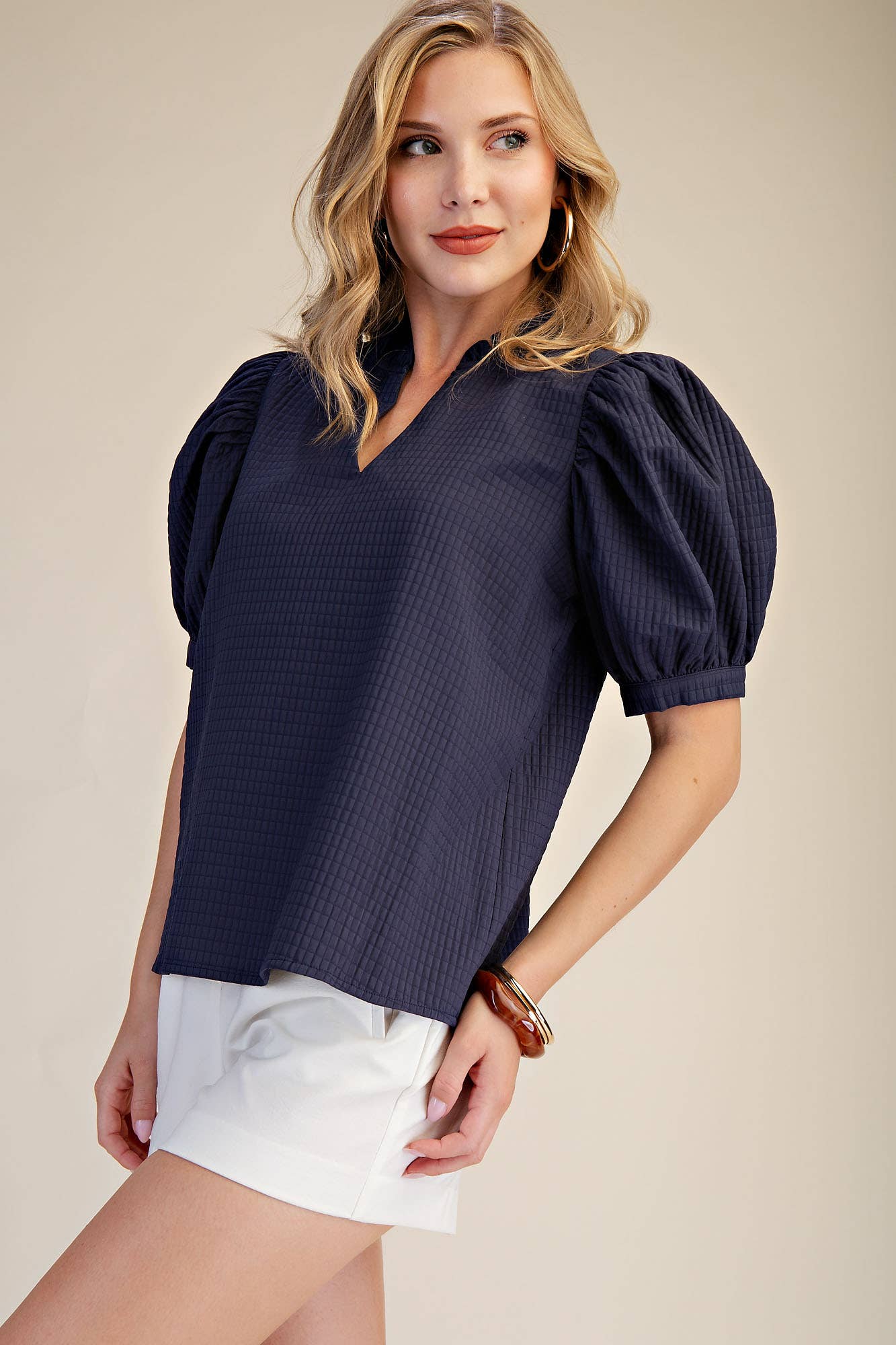 Ruffle V-Neck Puff Sleeve Top