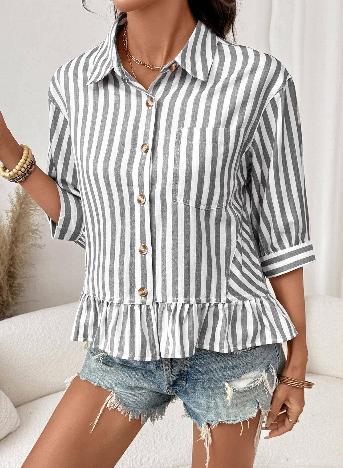 Striped Ruffle Hem 3/4 Sleeve Blouse