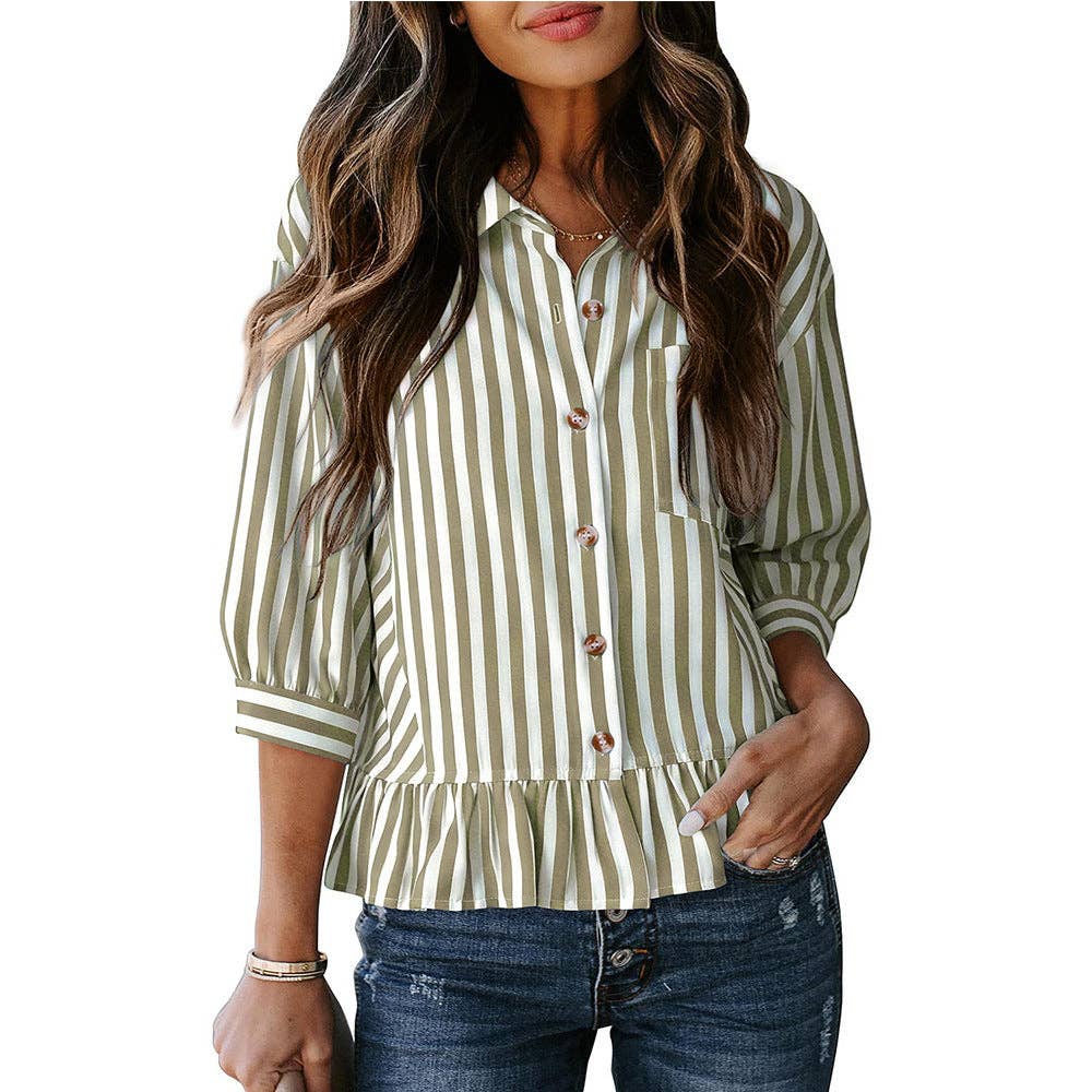 Striped Ruffle Hem 3/4 Sleeve Blouse