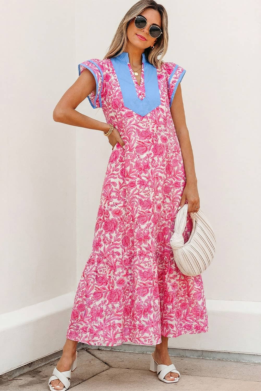Pink V Neck Short Sleeve Midi Dress
