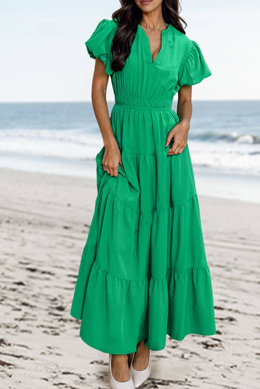 Green V Neck Puff Sleeve Maxi Dress