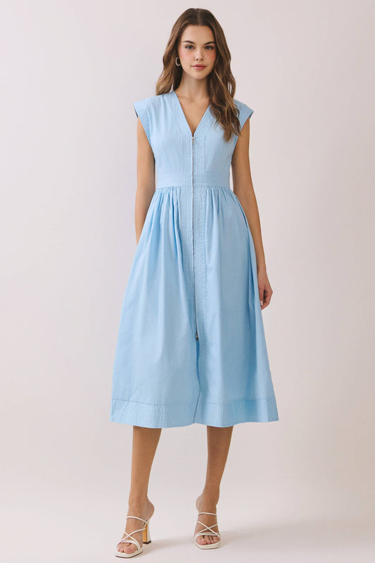 Cap Sleeve V Neck Midi Dress with Front Zipper