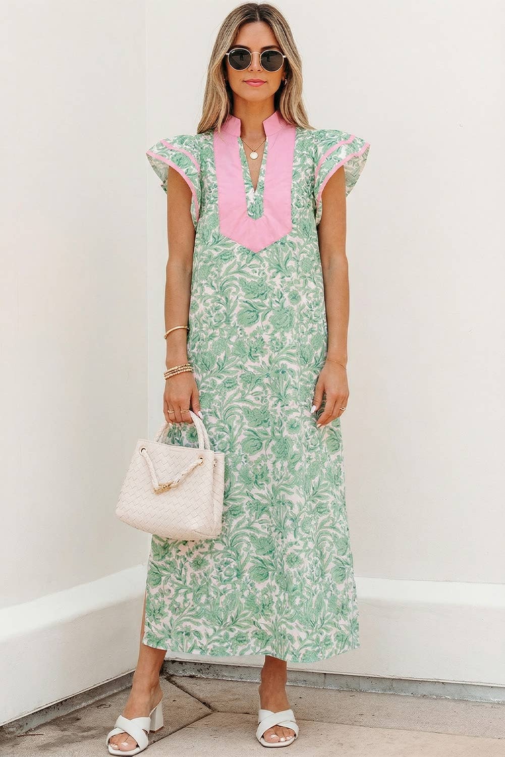 Pink V Neck Short Sleeve Midi Dress