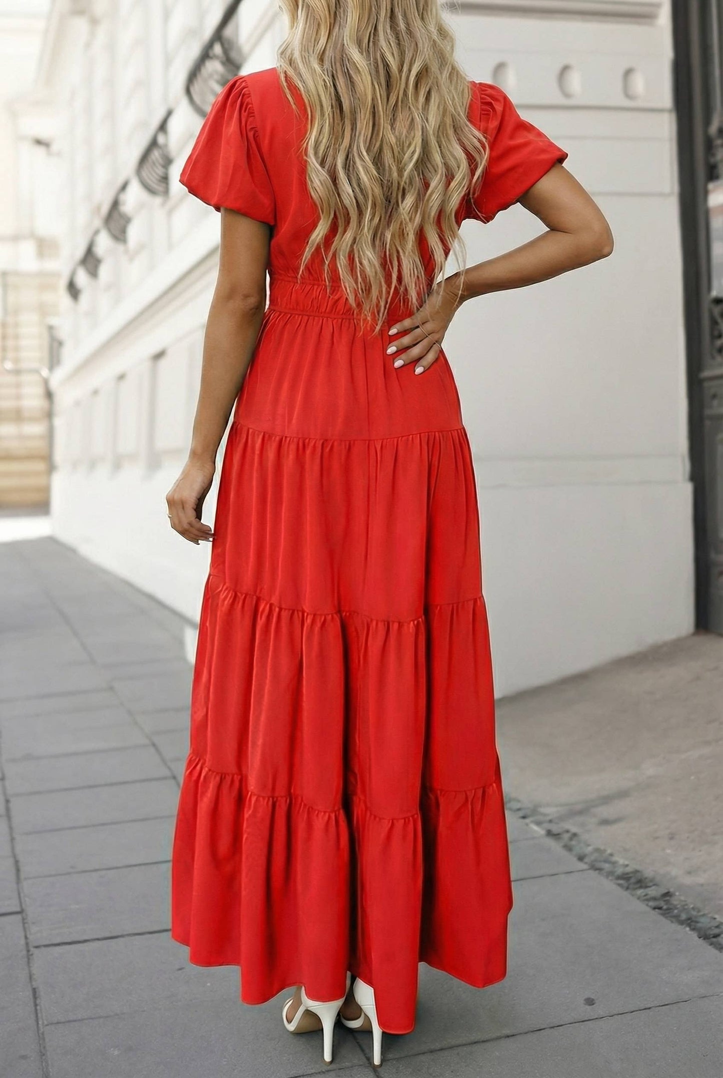 Green V Neck Puff Sleeve Maxi Dress
