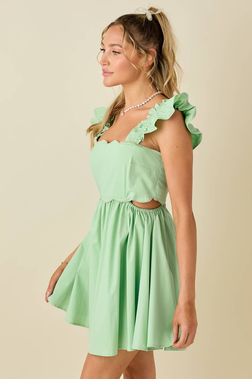 Scallop mini dress ruffled shoulder