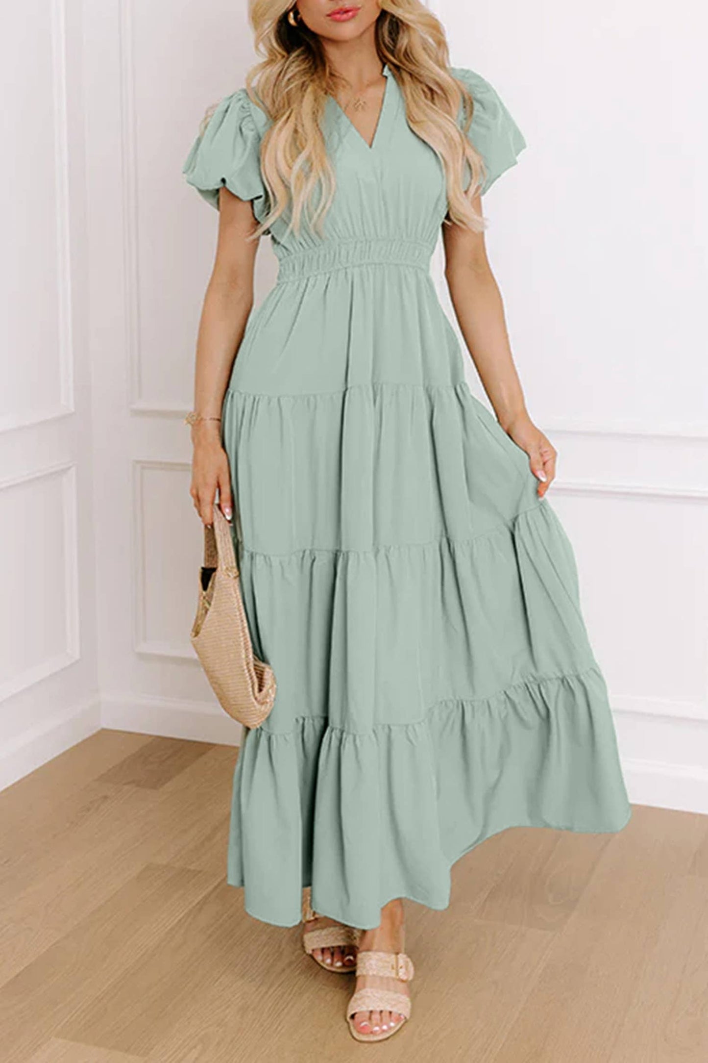 Green V Neck Puff Sleeve Maxi Dress