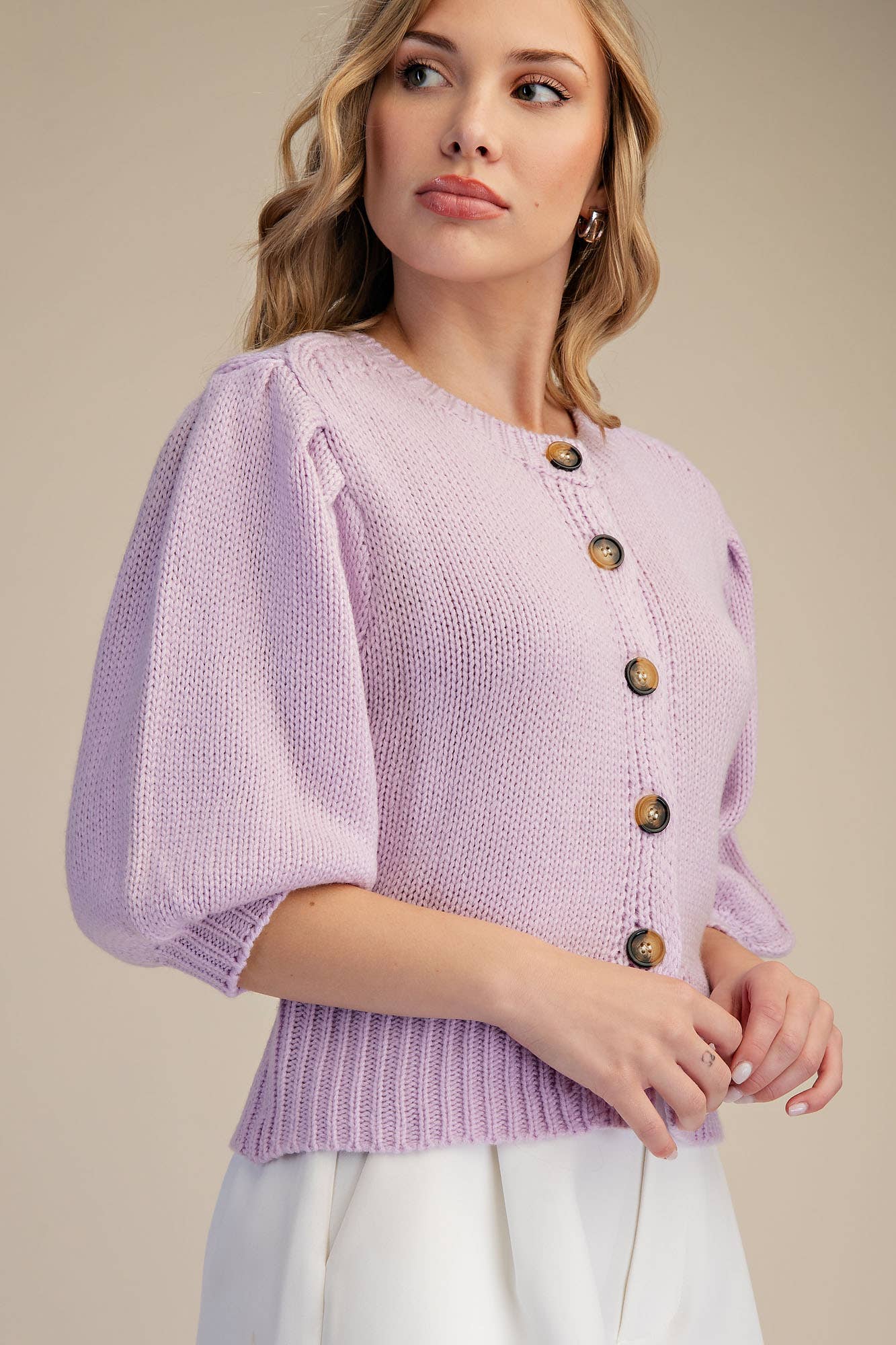 Short Puff Sleeve Button Down Sweater