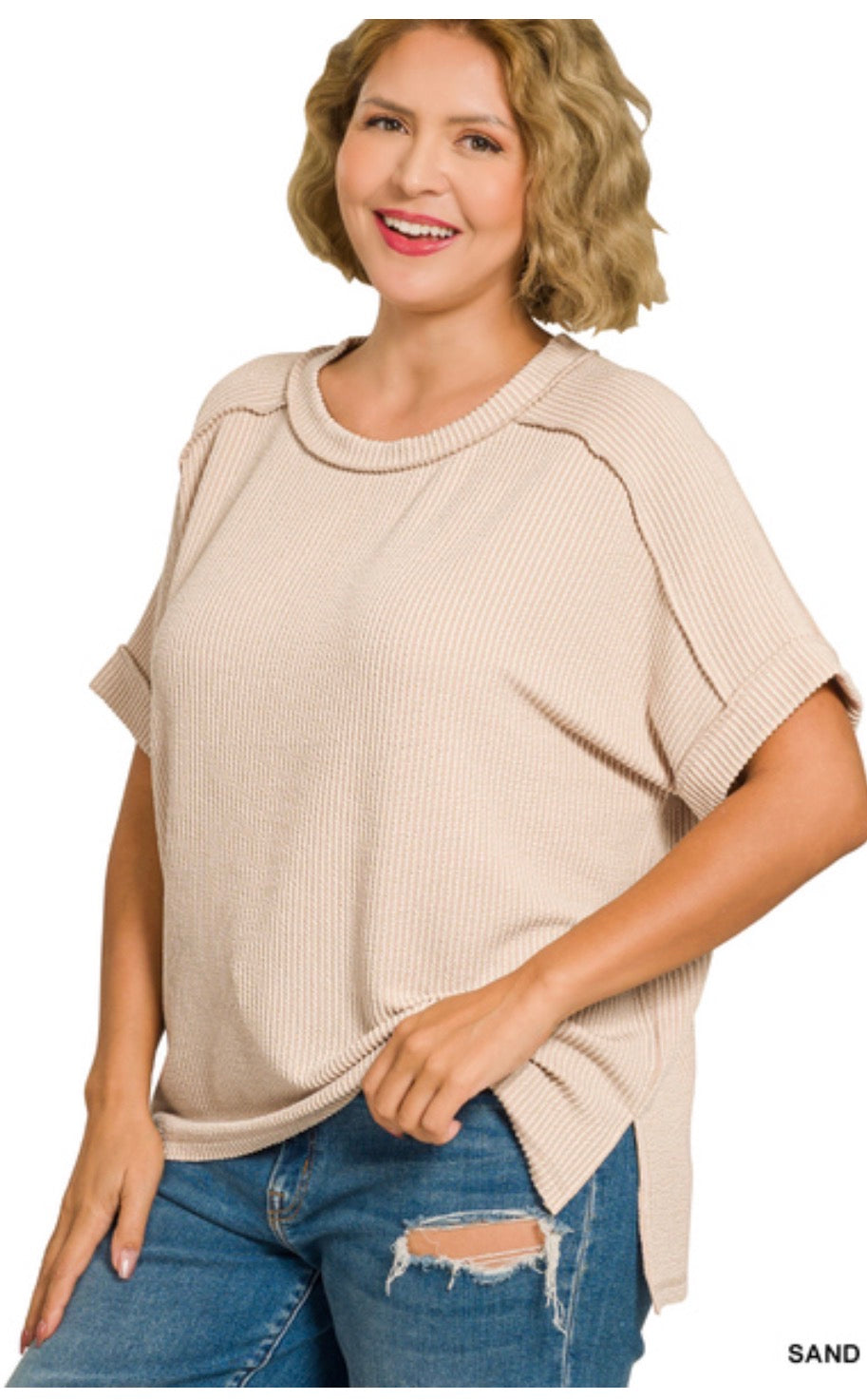 Plus Raised Rib Cuff Sleeve Raw Edge Top-Sand