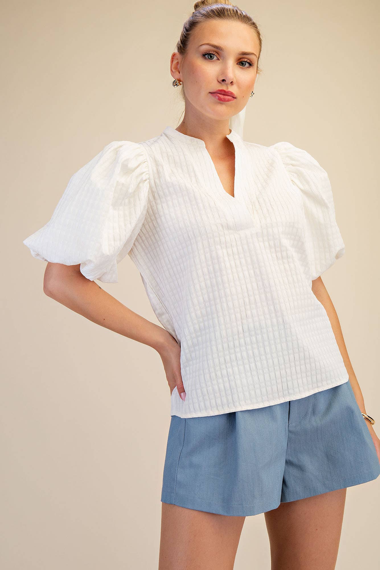 V-Neck Puff-Sleeve Textured Top