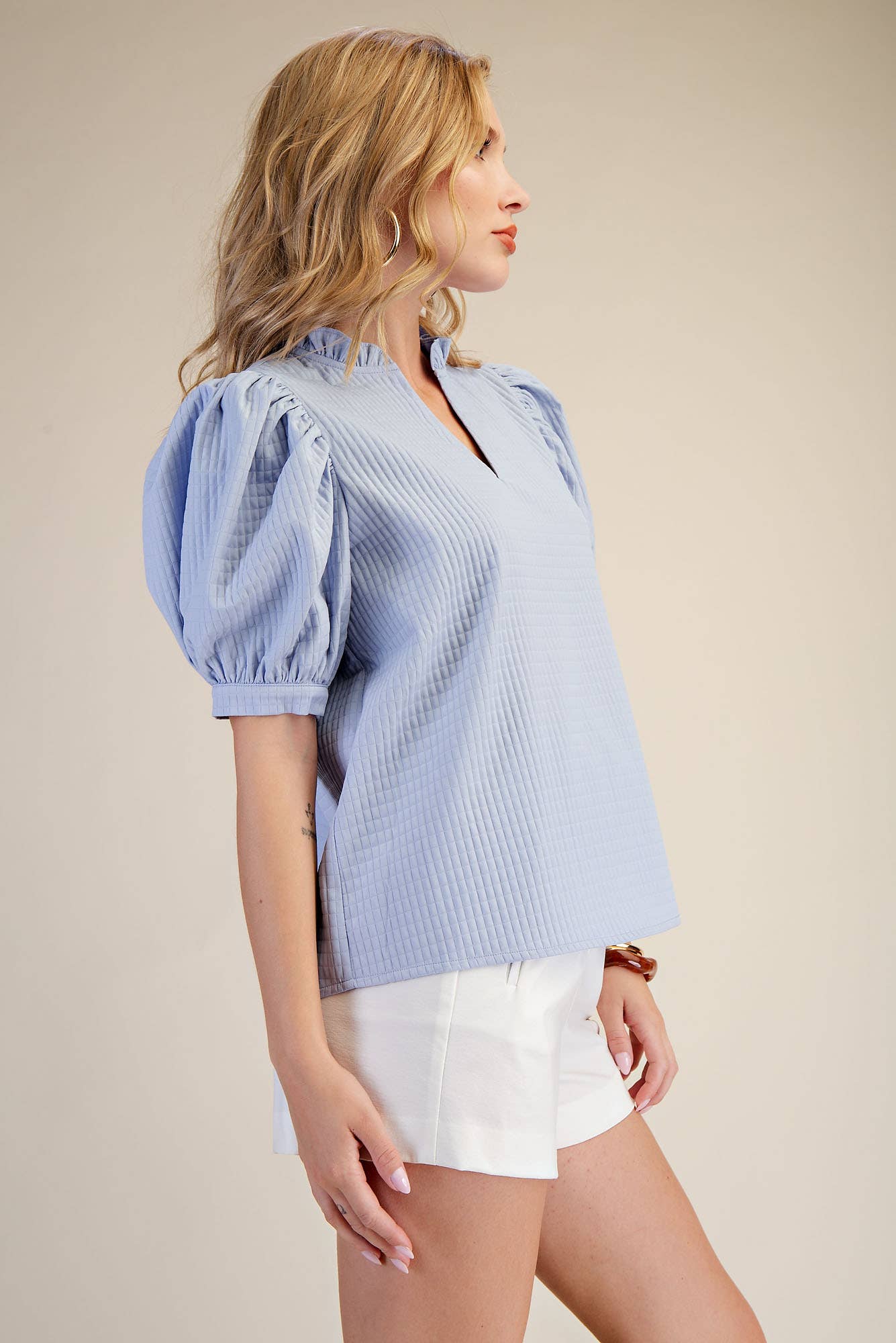 Ruffle V-Neck Puff Sleeve Top