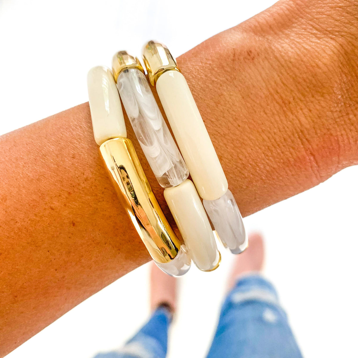 Ivory/Gold Acrylic Bamboo Bracelet