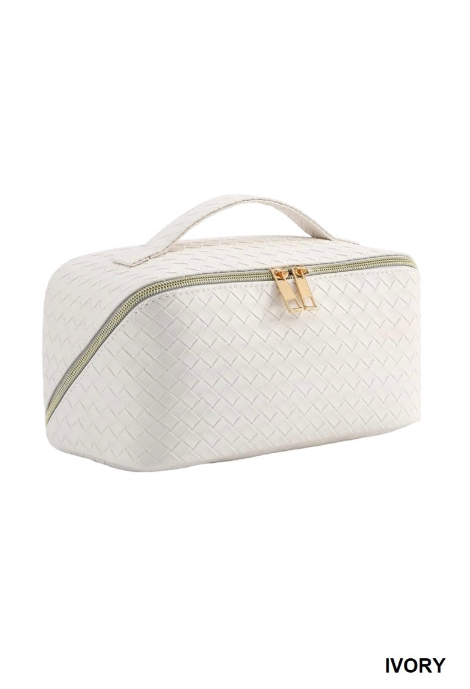 Woven Vegan Leather Cosmetic Makeup Travel Bag-Ivory