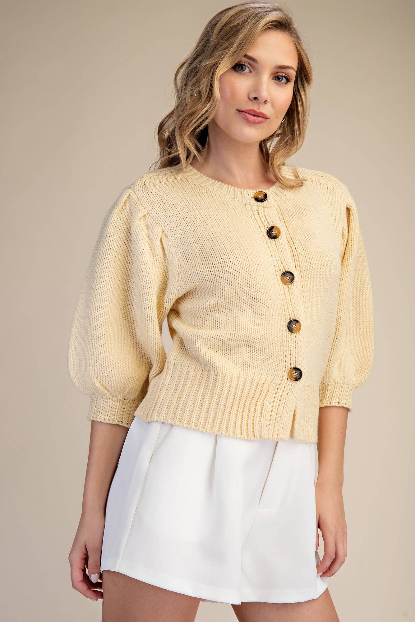 Short Puff Sleeve Button Down Sweater