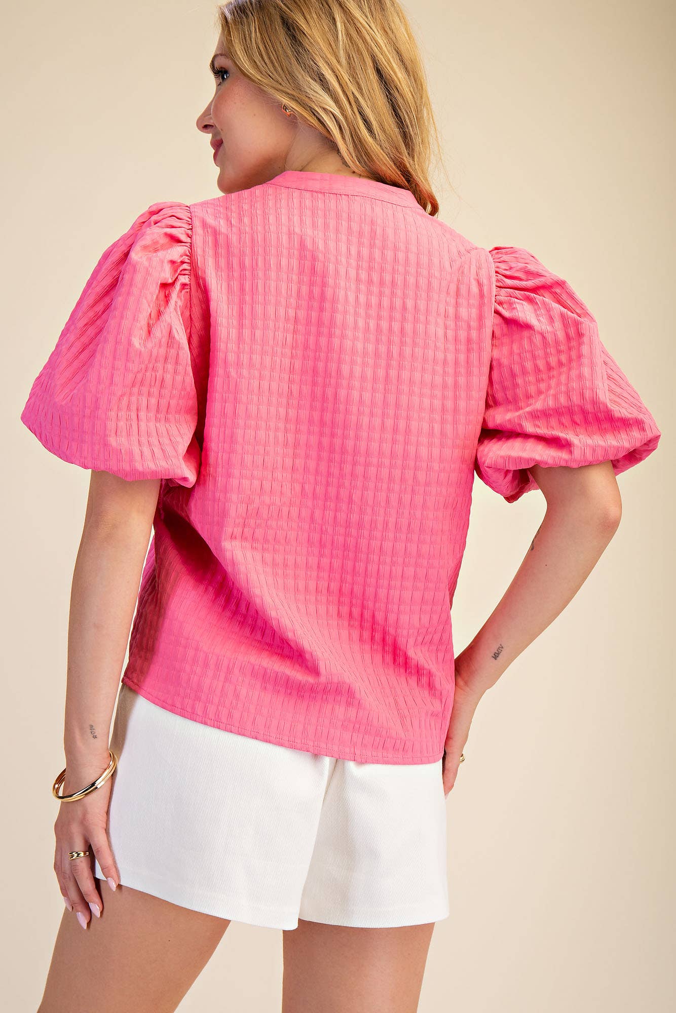 V-Neck Puff-Sleeve Textured Top