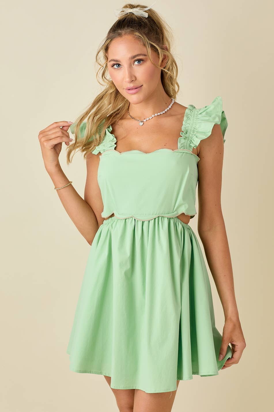 Scallop mini dress ruffled shoulder