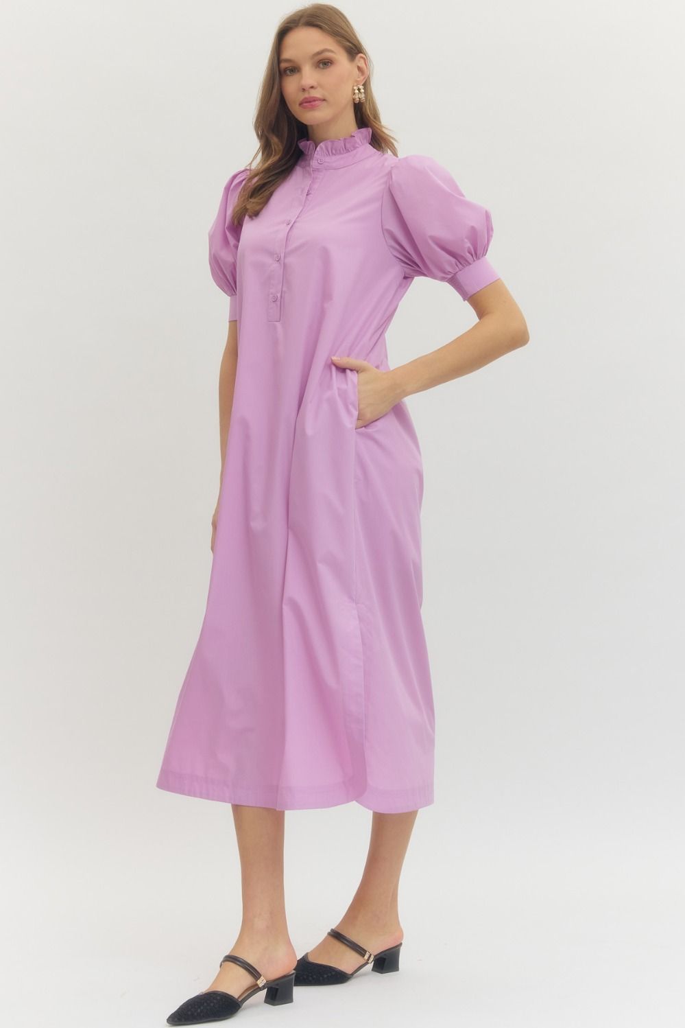 Solid Puff Short Sleeve Midi Dress- Lilac.
