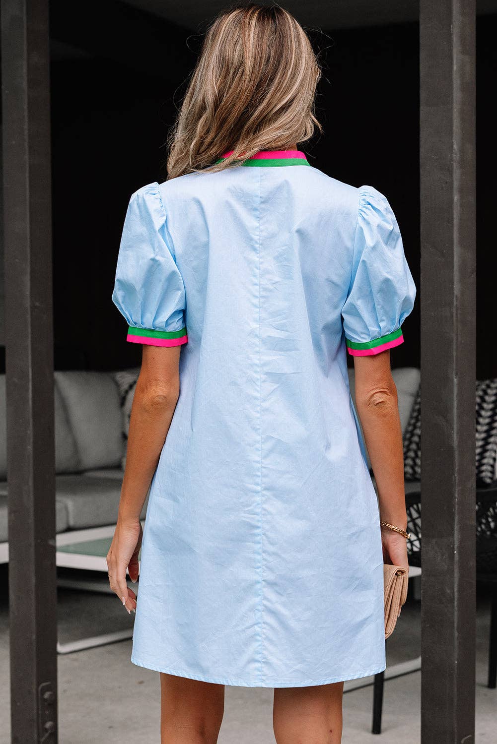 Contrast Striped V Neck Puff Sleeve Dress