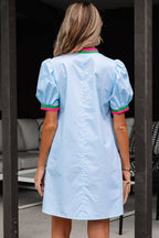 Contrast Striped V Neck Puff Sleeve Dress