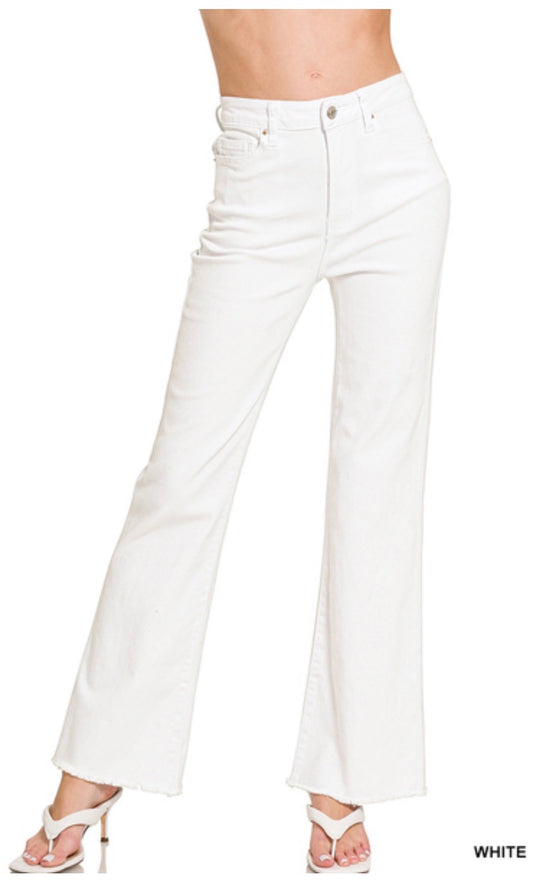 Acid Washed Frayed Cutoff Hem Straight Wide Pants-White