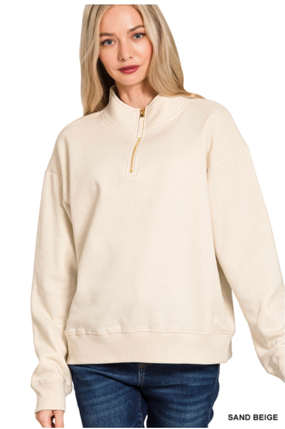 Fleece Half Zip Sweatshirt-Sand Beige