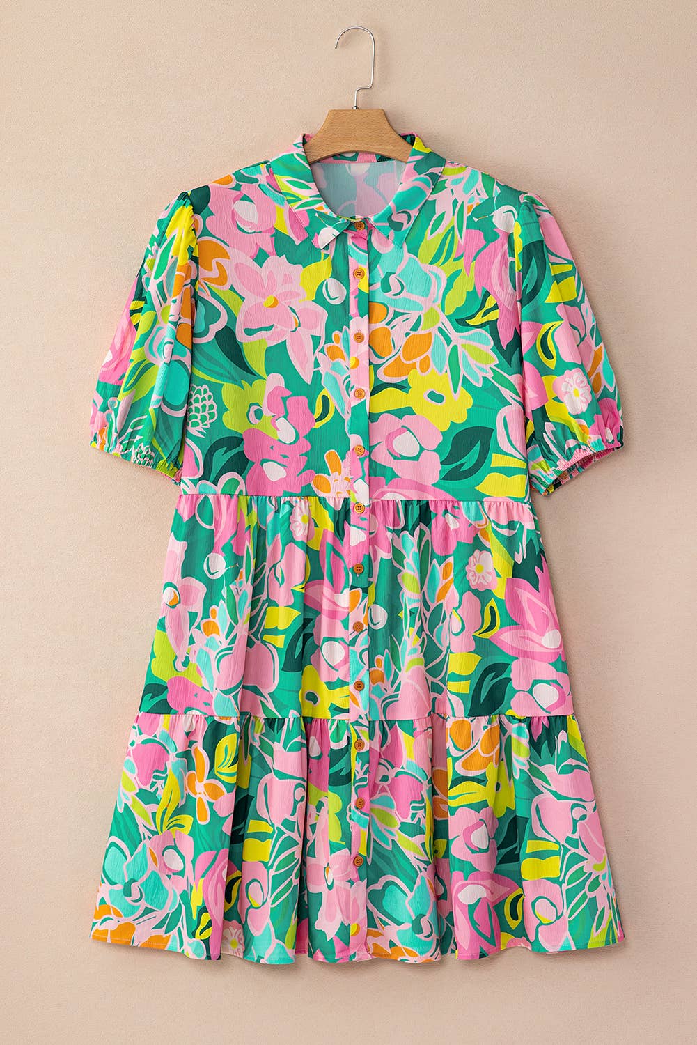 Floral Puff Sleeve Collar Buttoned Babydoll Dress: Pink / 100%Polyester / M