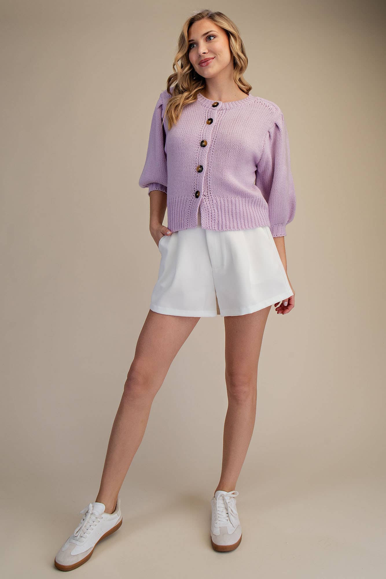 Short Puff Sleeve Button Down Sweater