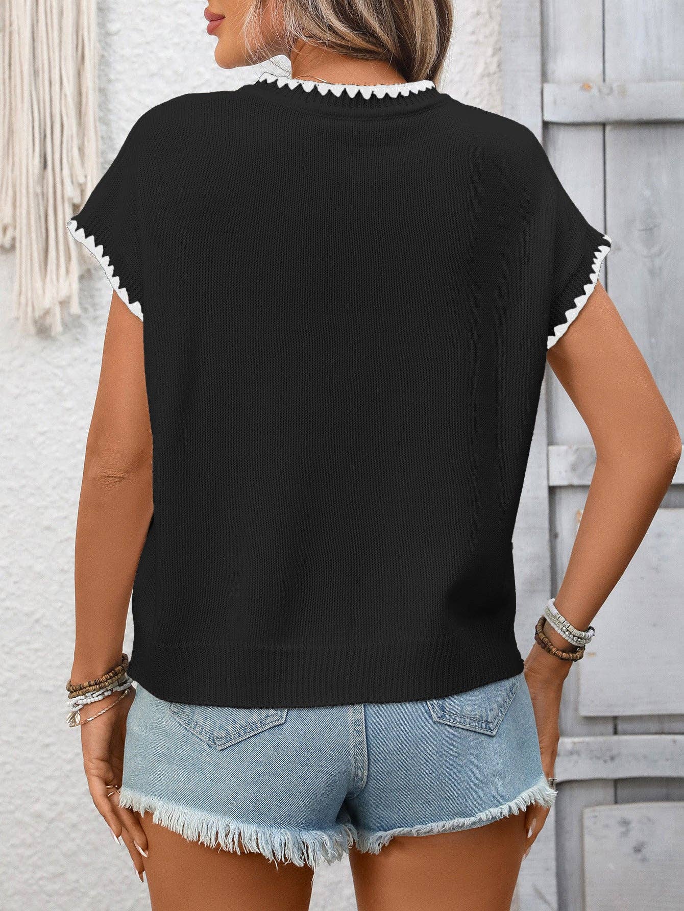 Crochet Trim Short Sleeve Knit Top for Women Summer Casual
