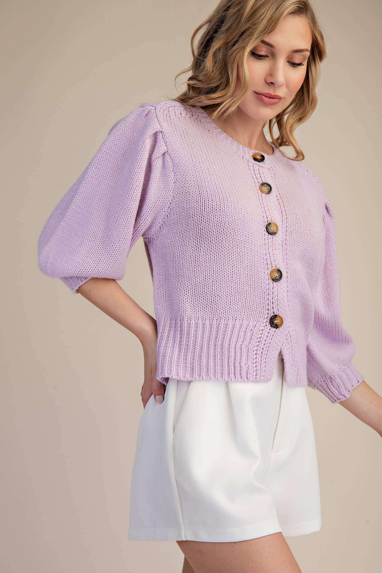 Short Puff Sleeve Button Down Sweater