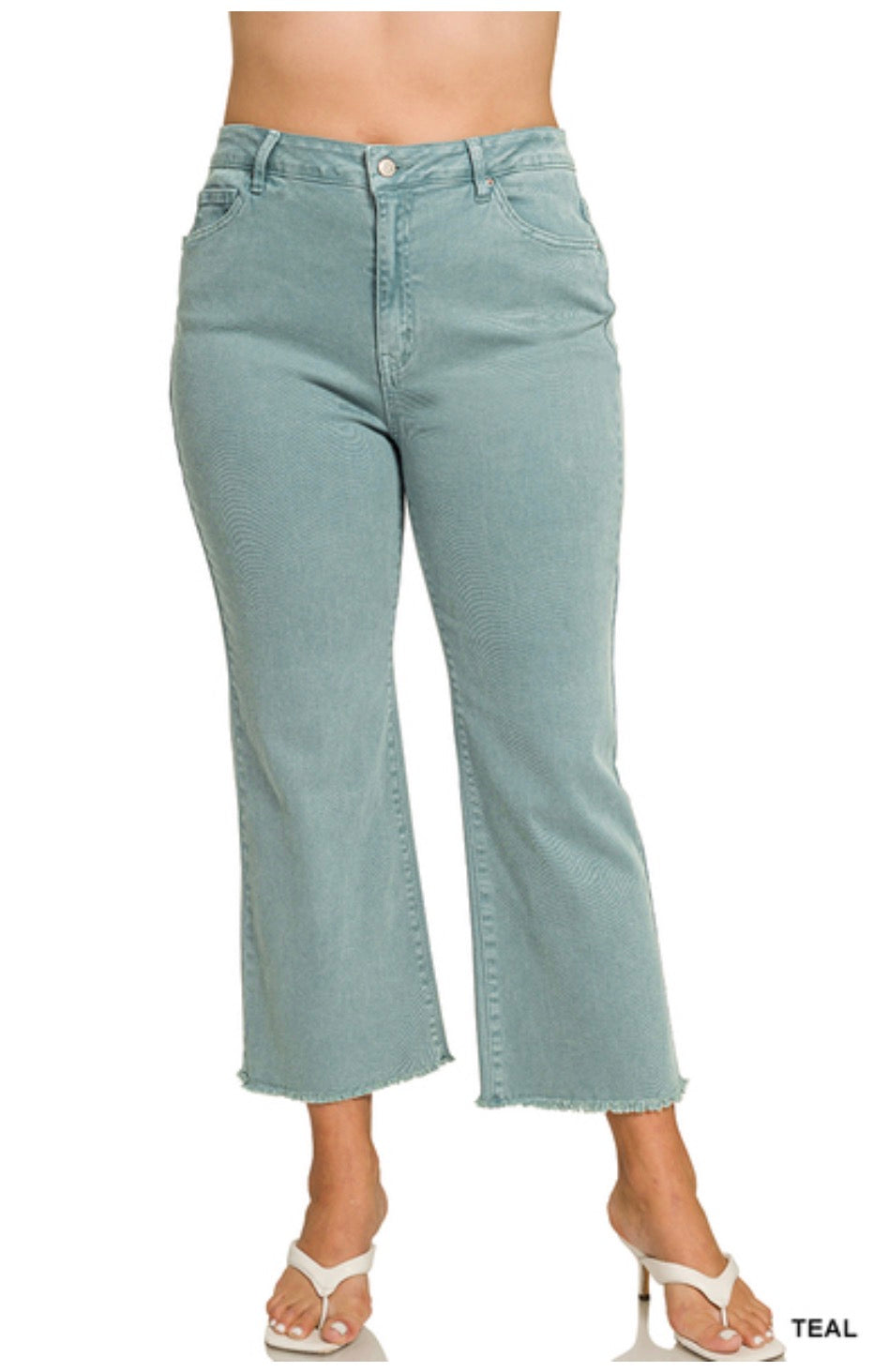 Plus Acid Washed High Waist Frayed Hem Bootcut Pants-Teal