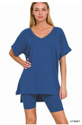 Brushed Microfiber V-Neck Top & Biker shorts-LT Navy