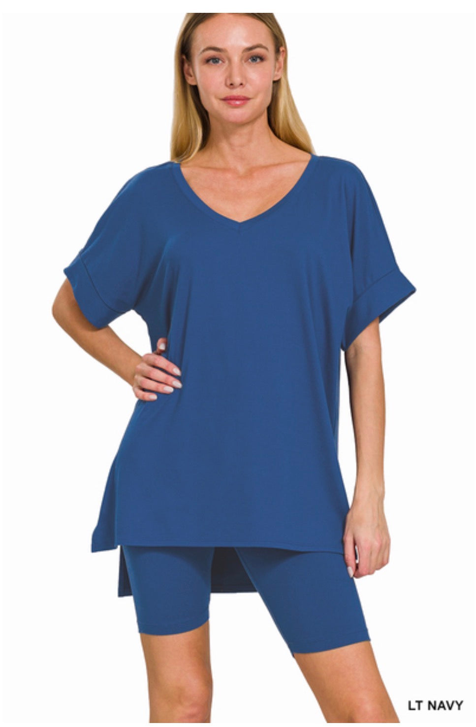 Brushed Microfiber V-Neck Top & Biker shorts-LT Navy