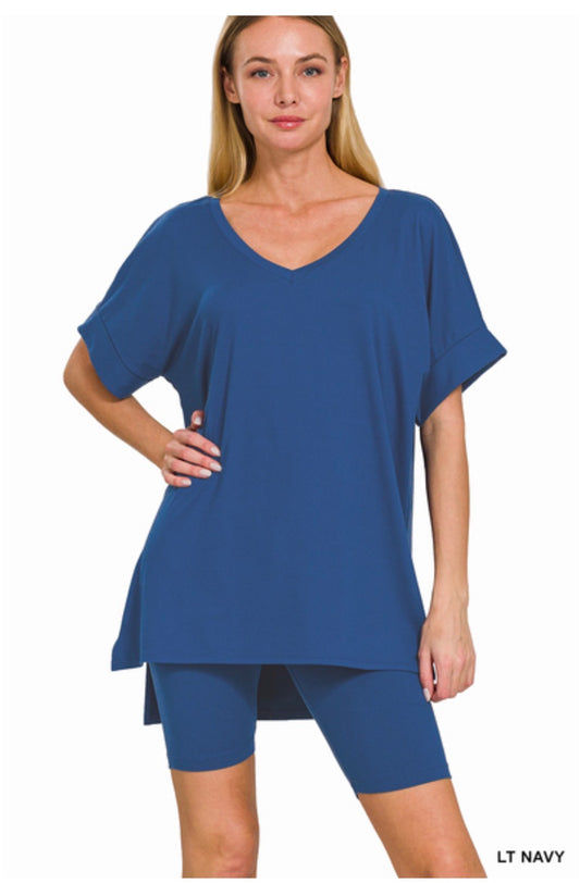 Brushed Microfiber V-Neck Top & Biker shorts-LT Navy