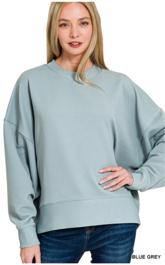 Ribbed Balloon Sleeve Pullover-Blue Grey