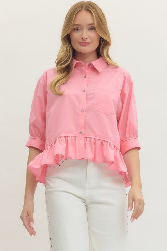 Solid 3/4 Sleeve Ruffle Top