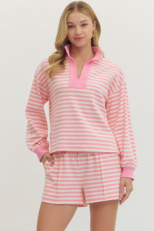 Stripped Long Sleeve Knit Tops- Pink