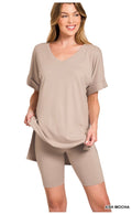 Brushed Microfiber V-Neck Top & Biker Shorts-Ash Mocha