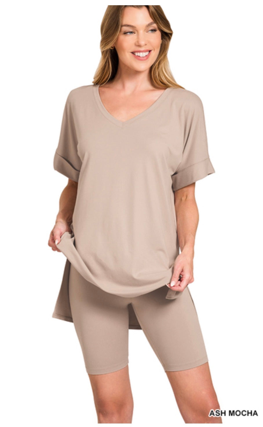 Brushed Microfiber V-Neck Top & Biker Shorts-Ash Mocha
