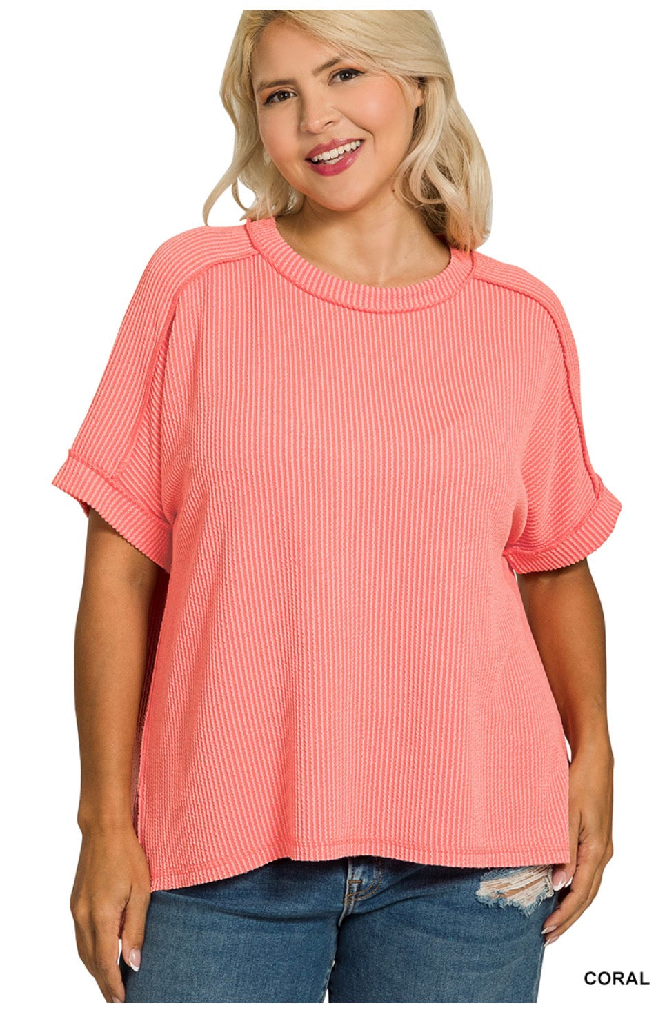 Plus Raised Rib Cuff Sleeve Raw Edge Top-Coral