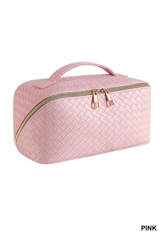 Woven Vegan Leather Cosmetic Makeup Travel Bag-Pink